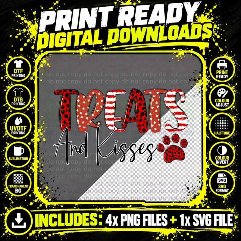Treats and Kisses and Striped Paw Print Leopard Heart Png SVG Digital Bundle