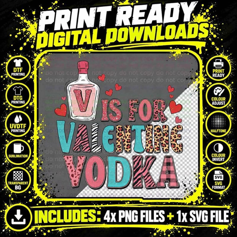 V Is for Valentine Vodka Bottle Heart Text T-Shirt Png SVG Digital Bundle