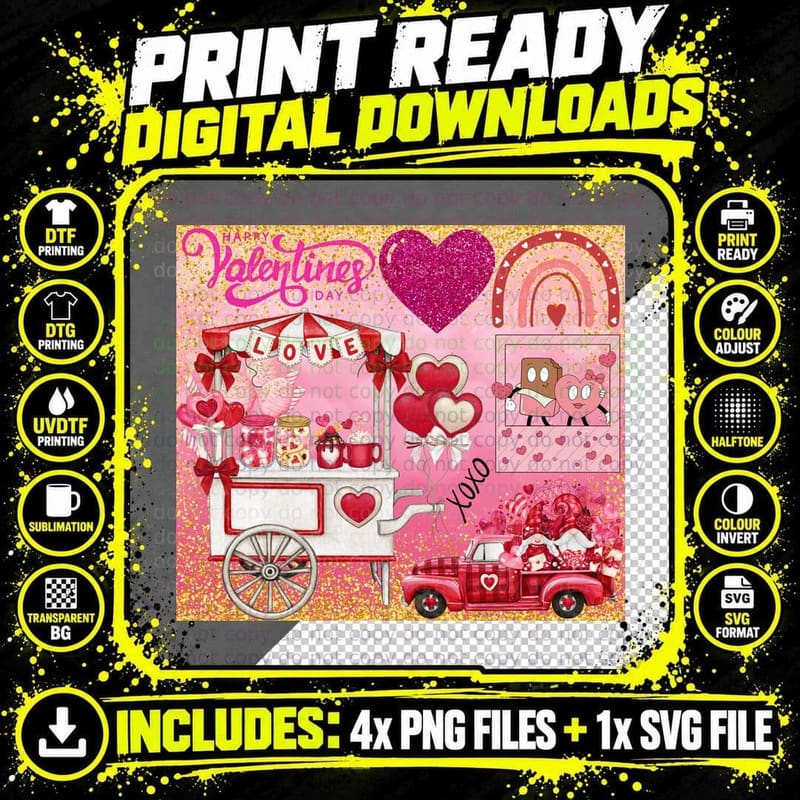 Valentine Love Valentine's You XOXO Rainbow Car House Png SVG Digital Bundle