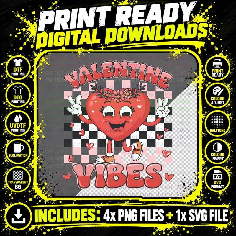 Valentine Vibes Heart Character Checkboard Y2k T-Shirt Png SVG Digital Bundle