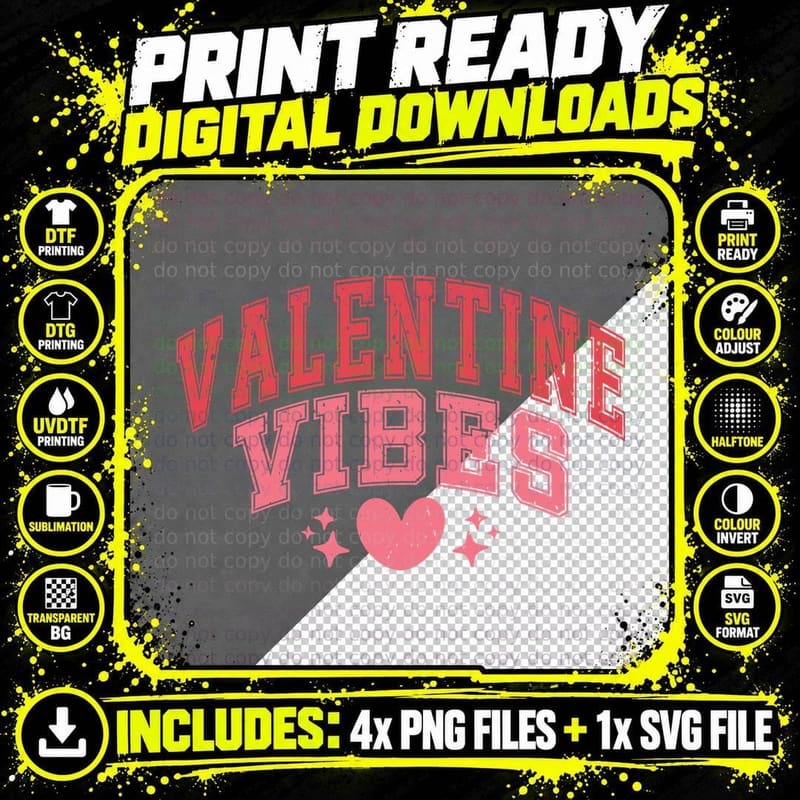 Valentine Vibes Large Pink Distressed Letters Stars Png SVG Digital Bundle