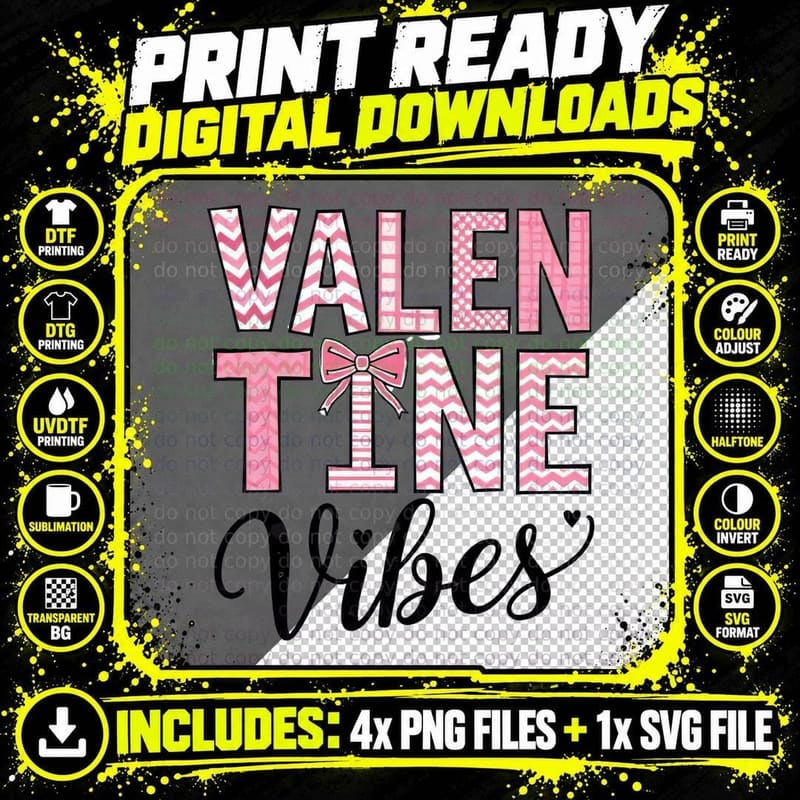 Valentine Vibes Pink Glitter Checkered Letters T-Shirt Png SVG Digital Bundle