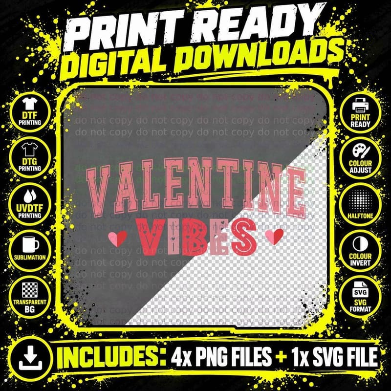Valentine Vibes Pink Letters with Hearts Distressed Png SVG Digital Bundle