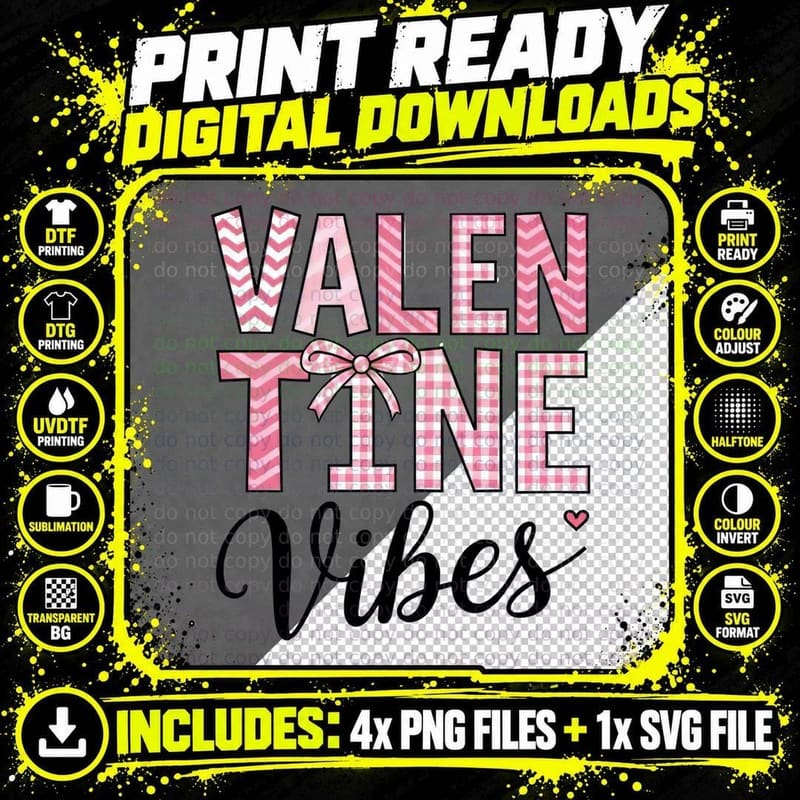 Valentine Vibes Pink Striped Letters Checkered Bow Png SVG Digital Bundle