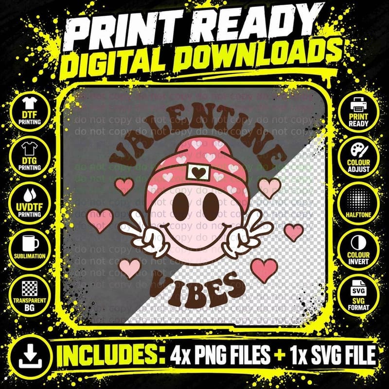 Valentine Vibes Smiley Face with Pink Heart Hat Y2k Png SVG Digital Bundle