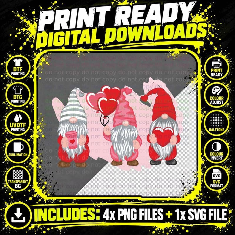 Valentine's Gnomes Pink Striped Gnome Trio T-Shirt Png SVG Digital Bundle