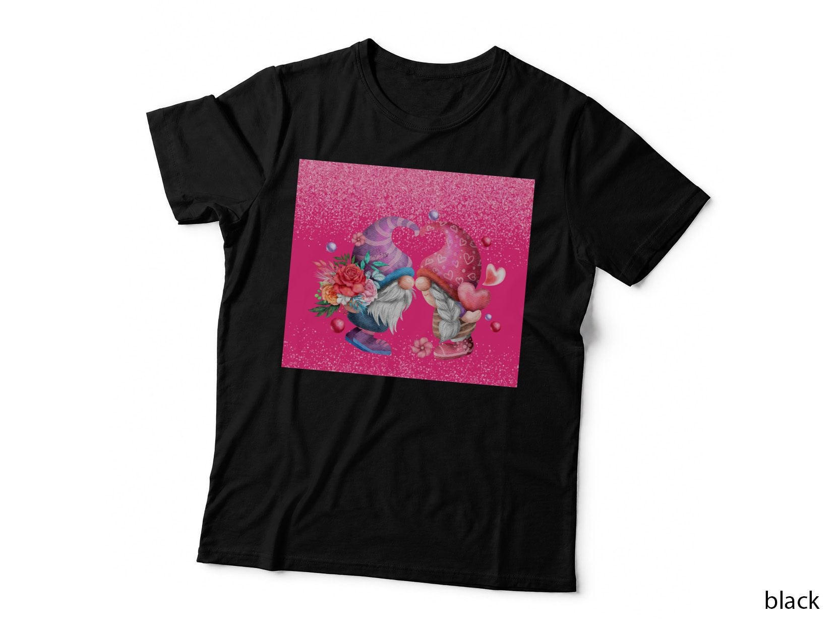 Valentines Gnome Flowers Pink Glitter Hearts Cute T-Shirt