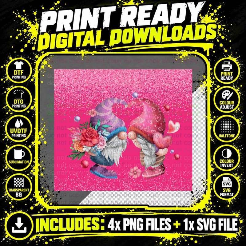 Valentines Gnome Flowers Pink Glitter Hearts Cute T-Shirt Png SVG Digital Bundle