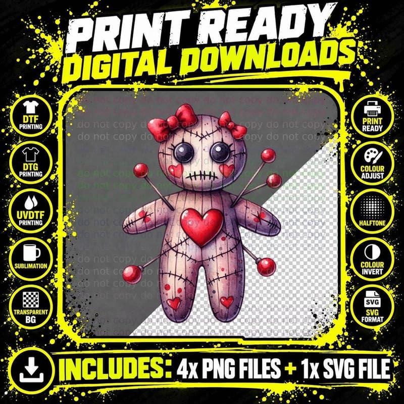 Voodoo Girl Doll Purple Heart Dark Magic T-Shirt Png SVG Digital Bundle