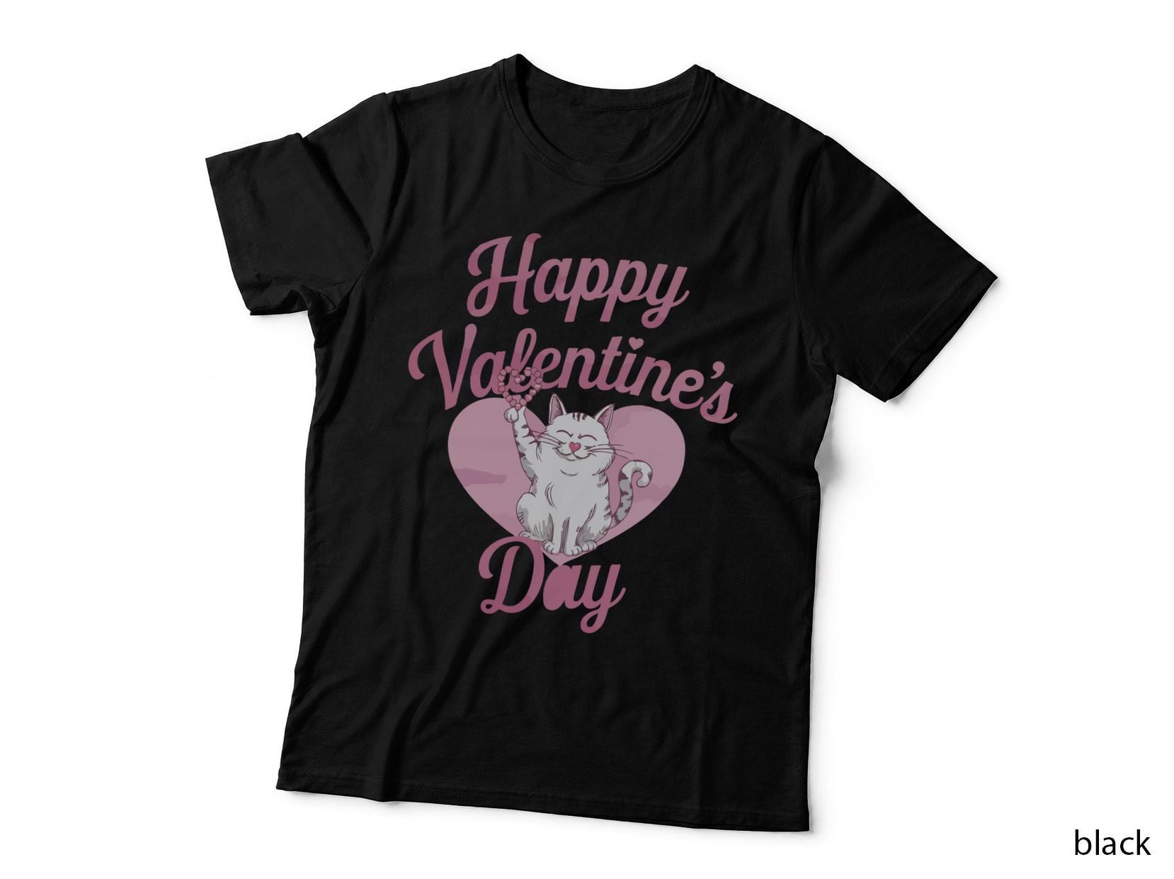 White Cat Crown Heart Happy Valentine's Day Kitten with and Pink Cute T-Shirt
