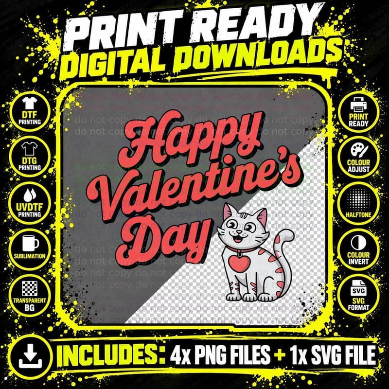 White Cat Red Hearts Happy Valentine's Day Kitten with Png SVG Digital Bundle