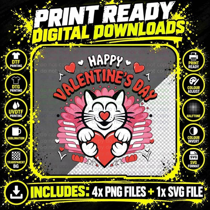 White Cat with Wings Happy Valentine's Day Cartoon with Png SVG Digital Bundle