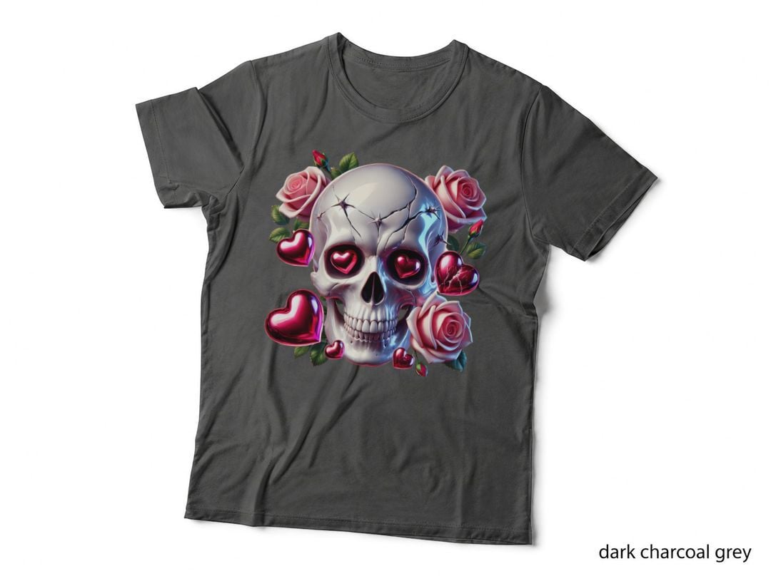 White Skull Heart Metallic Pink Roses Sparkle Goth T-Shirt