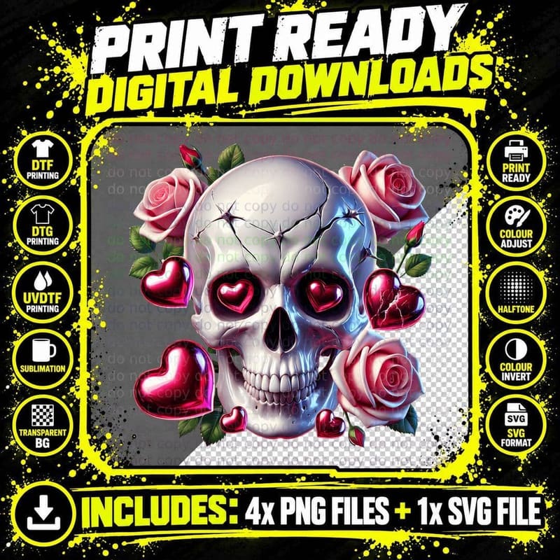 White Skull Heart Metallic Pink Roses Sparkle Goth Png SVG Digital Bundle