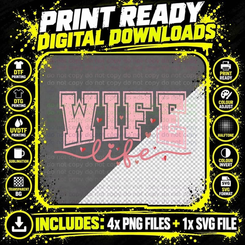 Wife Life Pink Stitched Hearts Outline Marriage Png SVG Digital Bundle