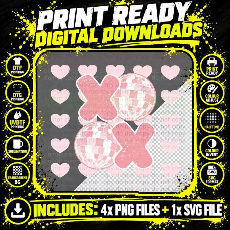 X Heart Pattern Disco Balls Pink Hearts Outline Playful Png SVG Digital Bundle