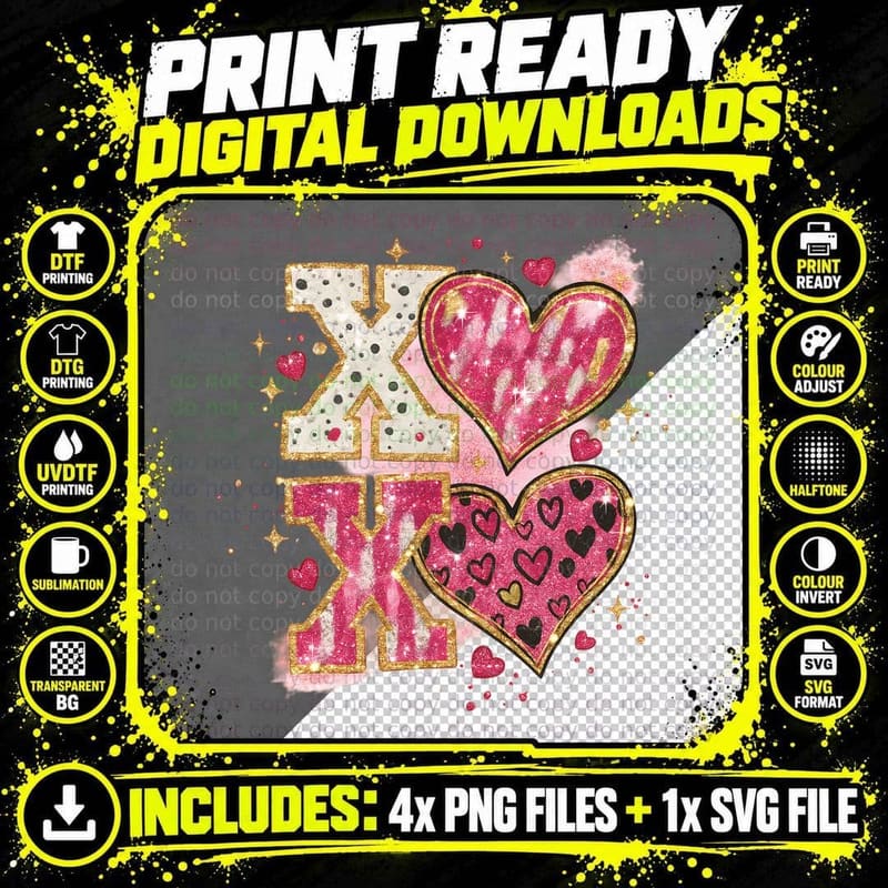 X O Glitter Heart Pink Gold Hearts Romantic T-Shirt Png SVG Digital Bundle