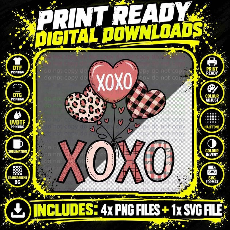 XOXO Balloons Leopard Pink Checkered T-Shirt Png SVG Digital Bundle