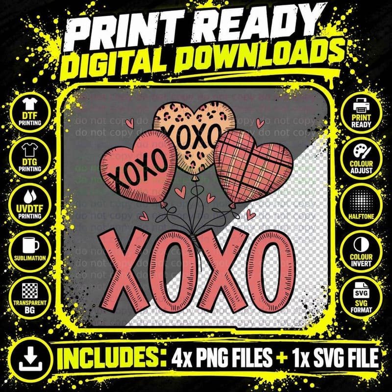 XOXO Balloons with Leopard Checkered Patterns T-Shirt Png SVG Digital Bundle