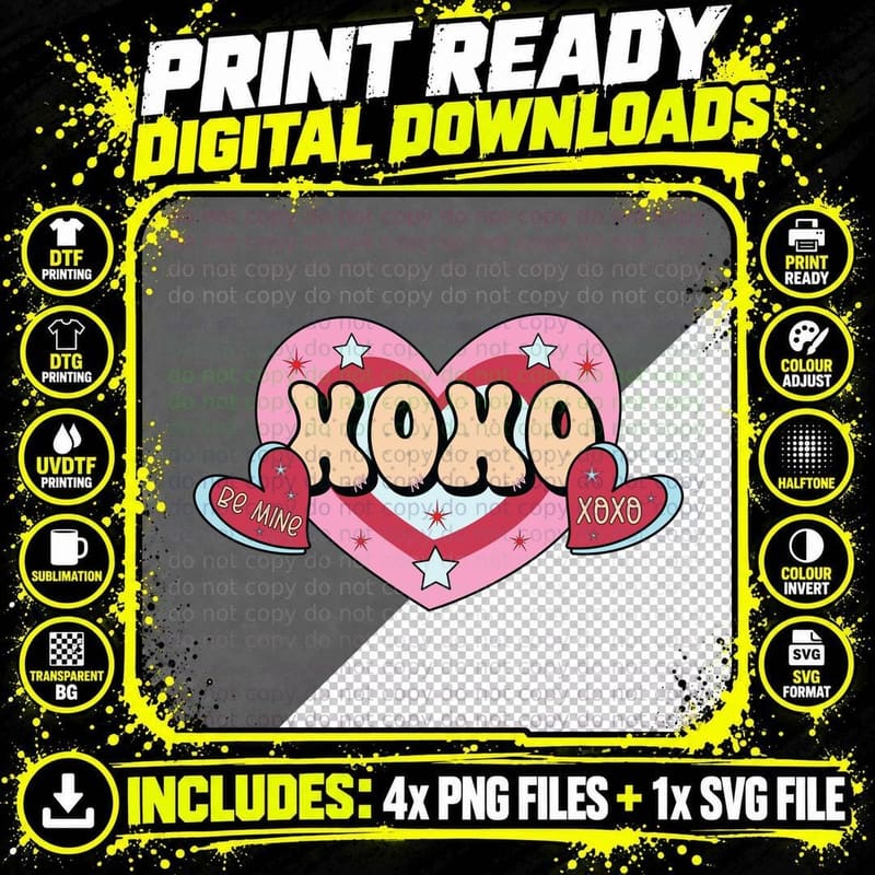 XOXO Be Mine Heart Pattern Valentine Theme T-Shirt Png SVG Digital Bundle