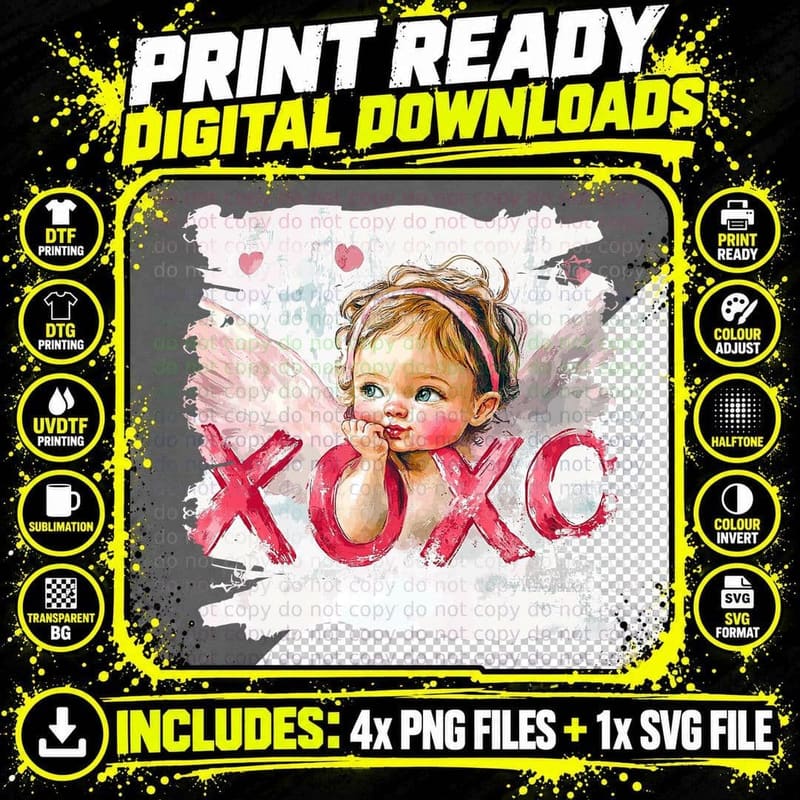 XOXO Fairy Wings Love Heart Baby T-Shirt Png SVG Digital Bundle