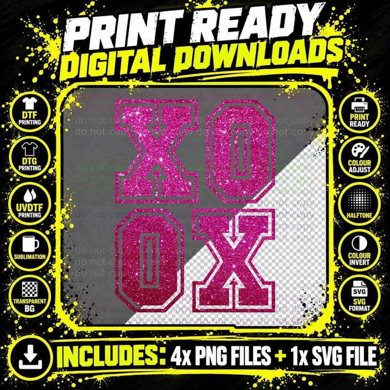 XOXO Glitter Hot Pink Sparkle Letters T-Shirt Png SVG Digital Bundle