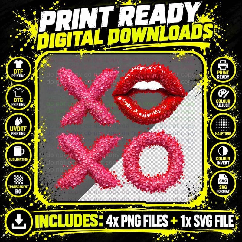 XOXO Glitter Lips Kiss Sparkle T-Shirt Png SVG Digital Bundle