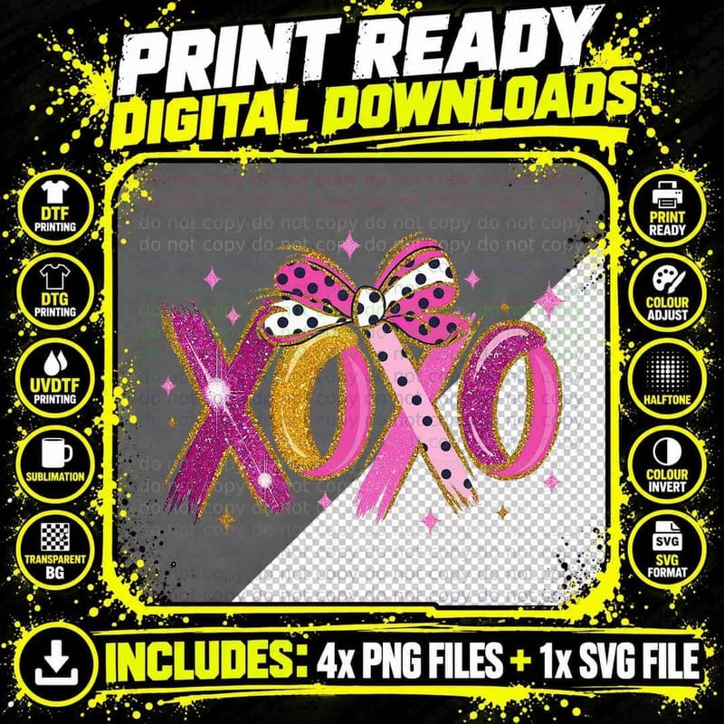 XOXO Glitter Pink Gold Bow T-Shirt Png SVG Digital Bundle