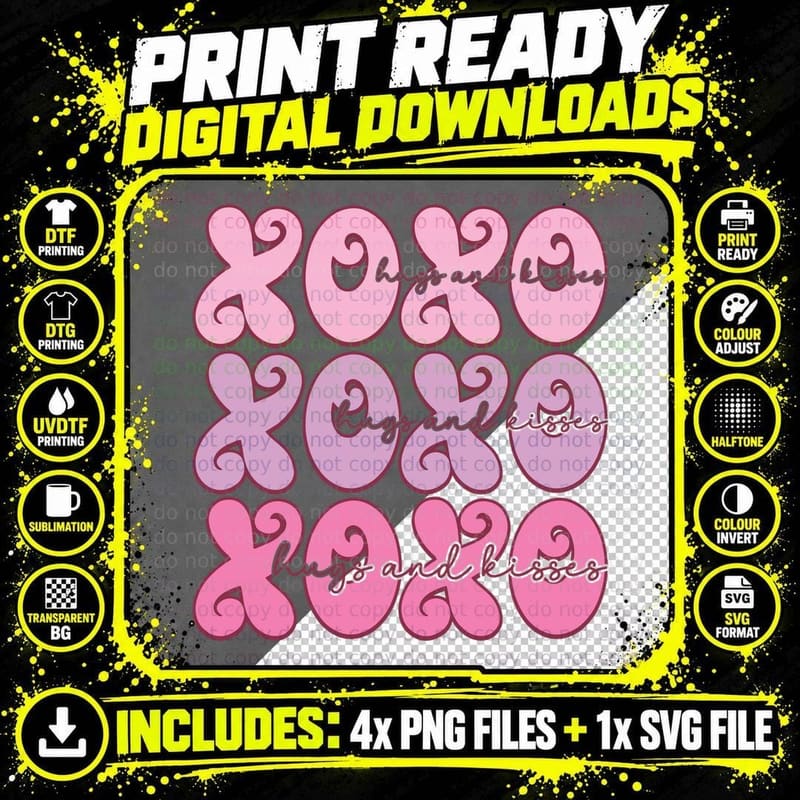 XOXO Hugs and Kisses Repeating Pattern Valentine Love Png SVG Digital Bundle