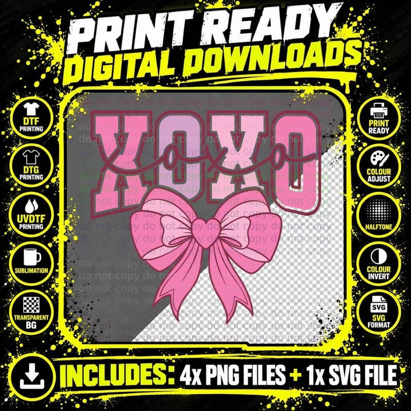 XOXO Large Pink with Textured Repeating Hearts Valentine Png SVG Digital Bundle