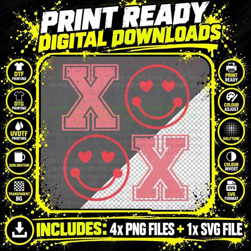 XOXO Large X and O Outline Hearts Valentine Classic Png SVG Digital Bundle