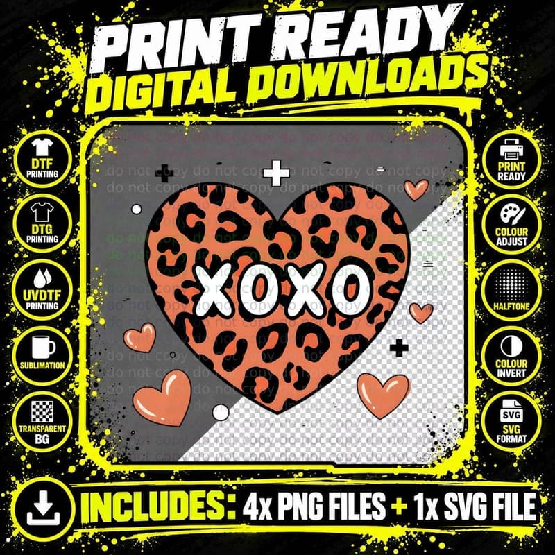XOXO Leopard Heart Kissable Outline Hearts Valentine Png SVG Digital Bundle