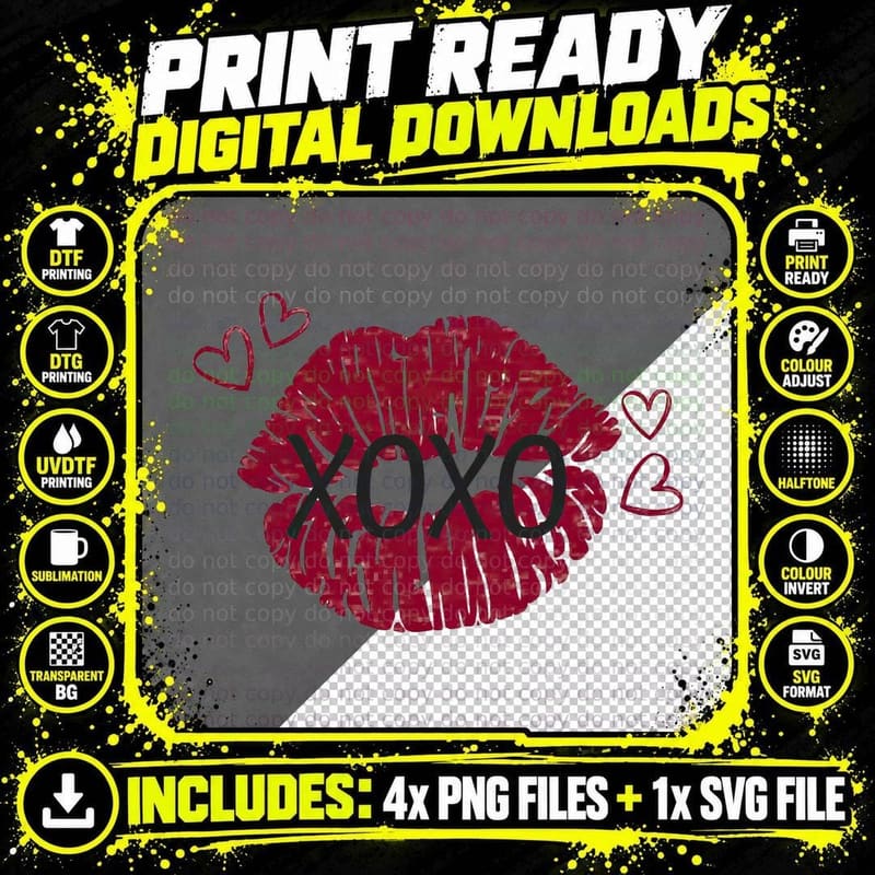 XOXO Lips Kiss Red Pink Hearts Distressed Grunge Png SVG Digital Bundle