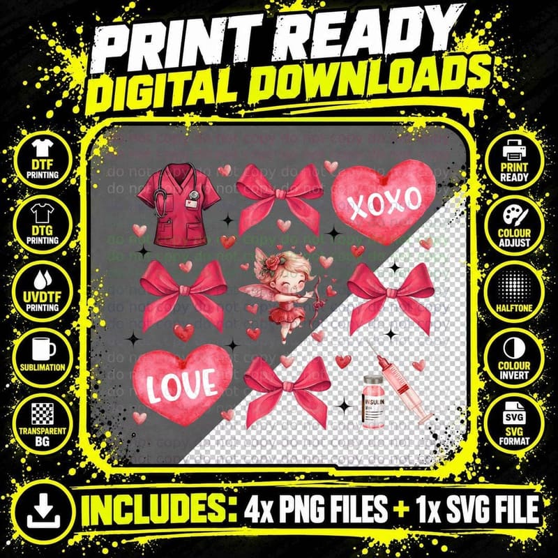 XOXO Love Nurse Cupid Bows Syringe T-Shirt Png SVG Digital Bundle