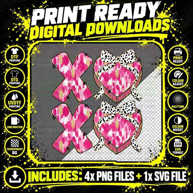 XOXO Pattern Pink Argyle Polka Dot Bow Valentine T-Shirt Png SVG Digital Bundle