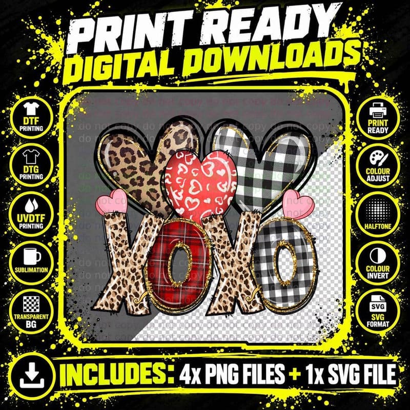XOXO Patterns Leopard Gingham Checkered Hearts Mixed Png SVG Digital Bundle