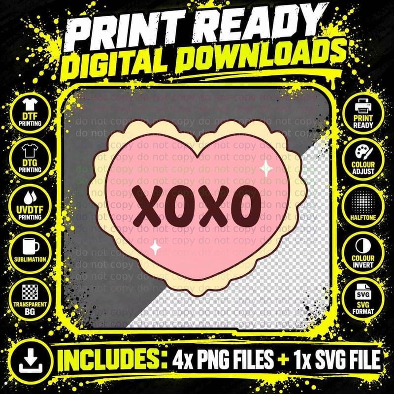 XOXO Pink Scalloped Heart Sparkle Love T-Shirt Png SVG Digital Bundle