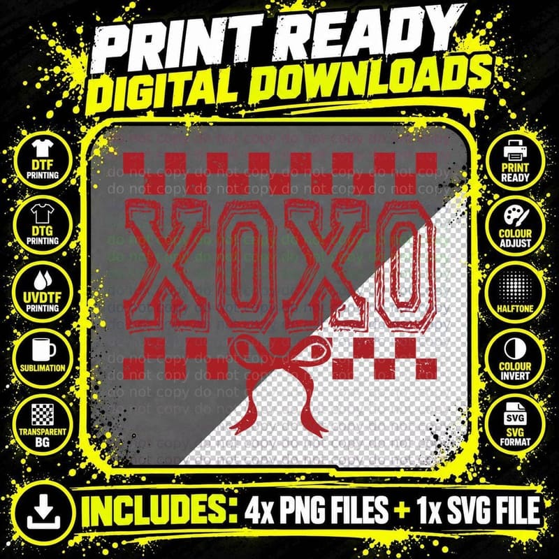 XOXO Red Checkered Valentine Bow Sparkle T-Shirt Png SVG Digital Bundle
