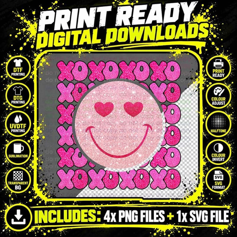 XOXO Smiley Xoxoxoxoxoxo Glitter Circle Face Playful Png SVG Digital Bundle