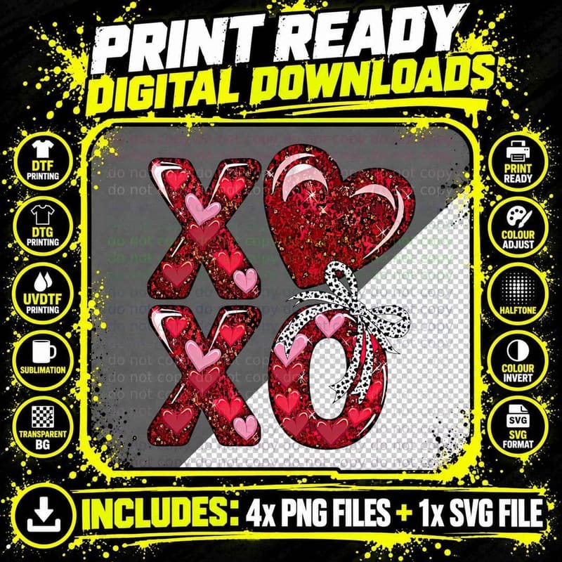 XOXO Sparkle Glitter Hearts T-Shirt Png SVG Digital Bundle