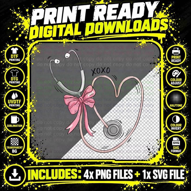XOXO Stethoscope with Pink Bow Pastel Hearts Medical Png SVG Digital Bundle
