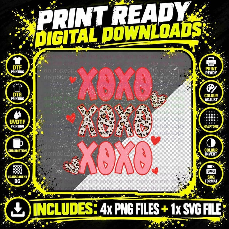 Xoxoxo Leopard Love Pattern Hearts Sparkle Pink Y2k Png SVG Digital Bundle
