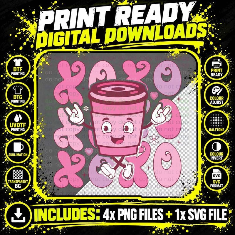 Xoxoxoxoxoxoxoxo Pink XOXO Coffee Cup Character Retro Png SVG Digital Bundle