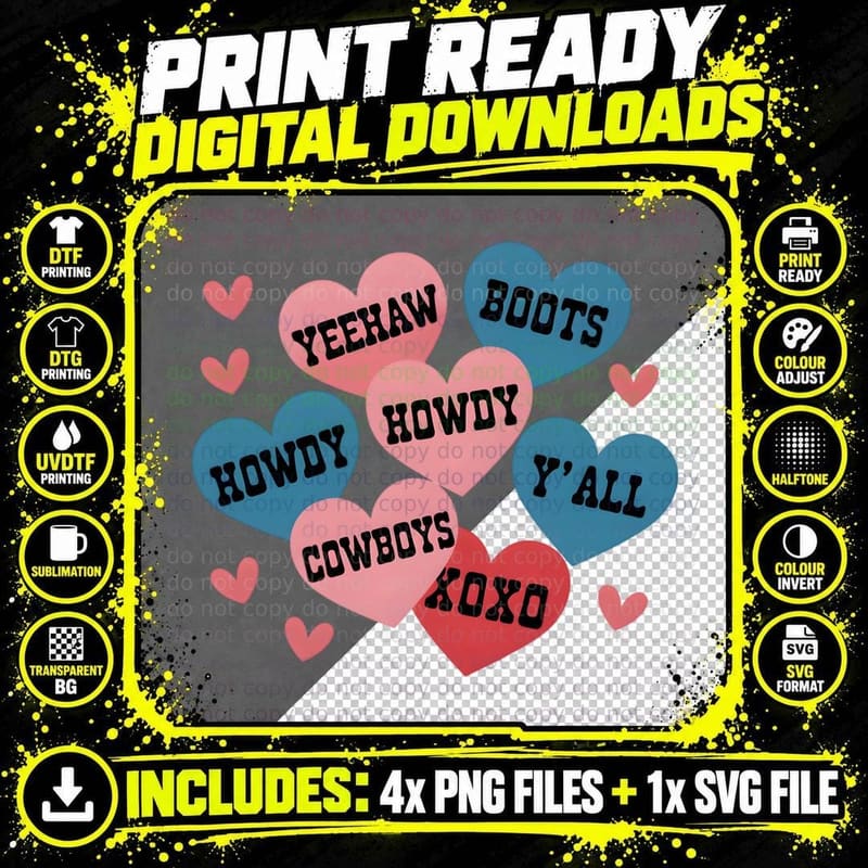 Yeehaw Howdy Boots Cowboys XOXO Candy Hearts Western Png SVG Digital Bundle