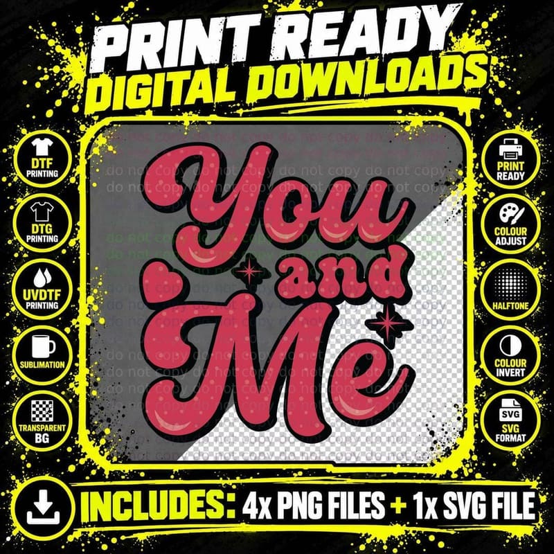 You and I Me Red Script Hearts Romantic Text T-Shirt Png SVG Digital Bundle