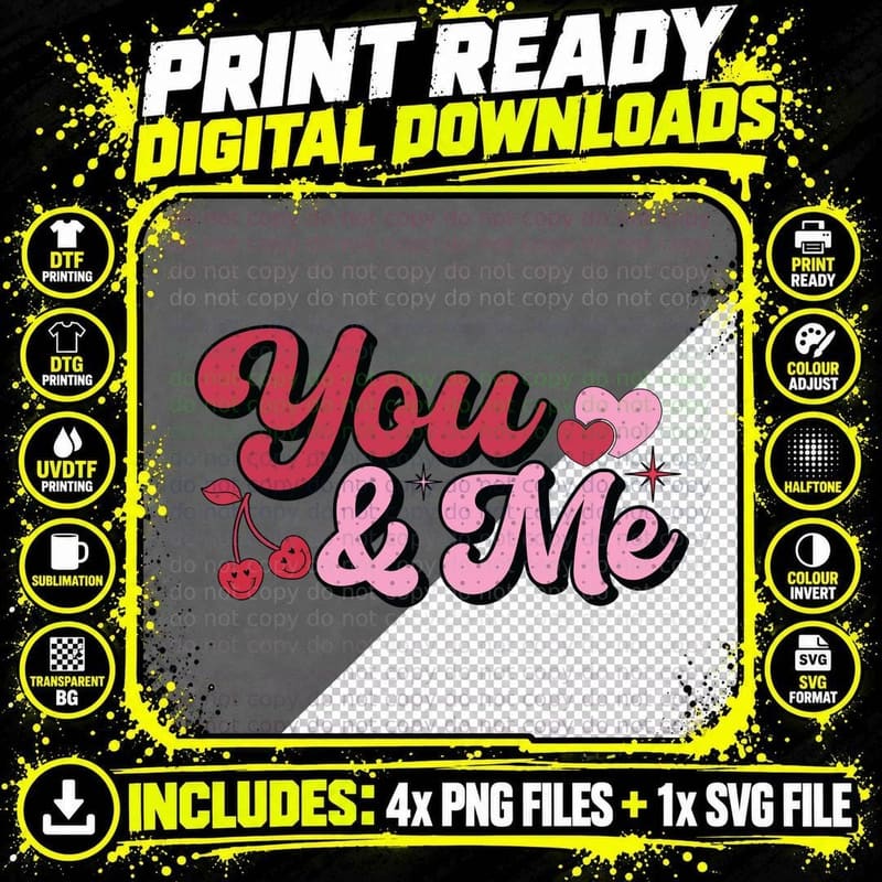 You and Me Pink Red Cherries Romantic Text T-Shirt Png SVG Digital Bundle