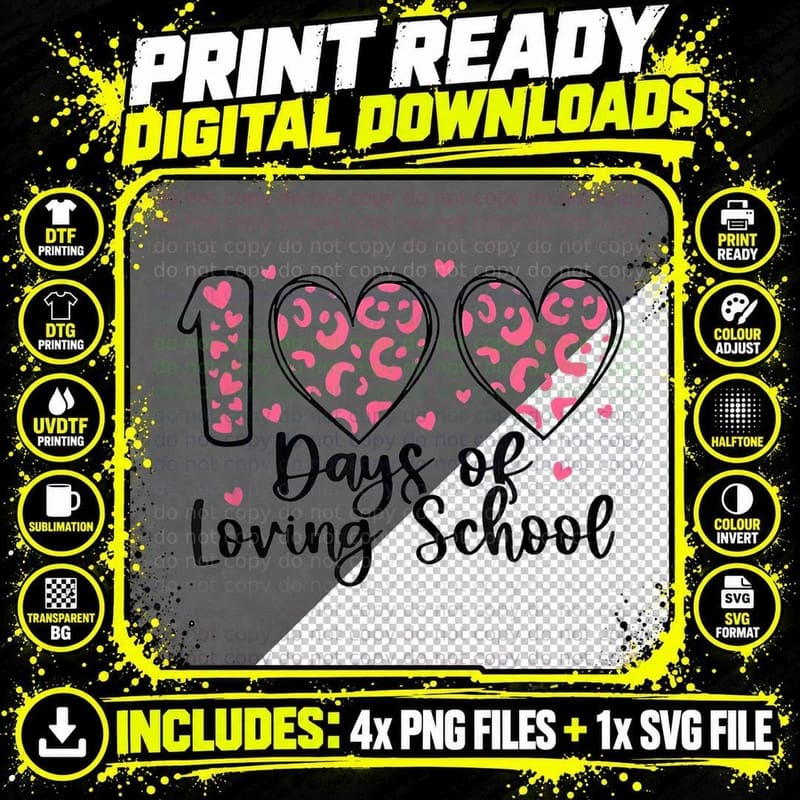 100 Days of Loving School Leopard Heart Teacher Png SVG Digital Bundle