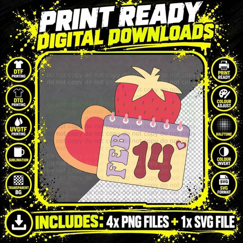 2 14 Valentine T-Shirt, Calendar Date Strawberry Hearts Png SVG Digital Bundle