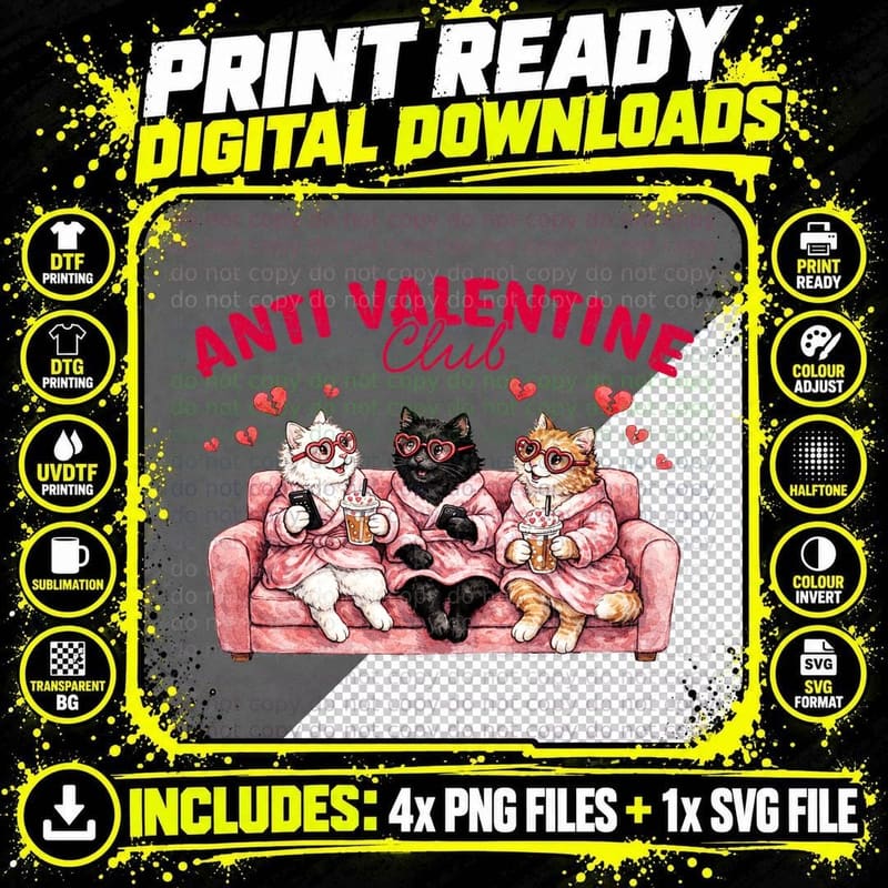 Anti Valentine Club Funny Cat T-Shirt Png SVG Digital Bundle