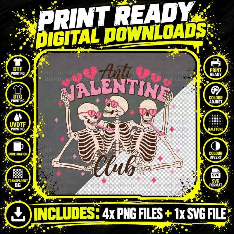 Anti Valentine Club Skeletons T-Shirt Png SVG Digital Bundle